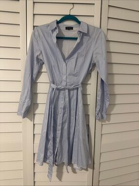 The Limited Light Blue Pinstripe Shirt Dress with Waist Tie